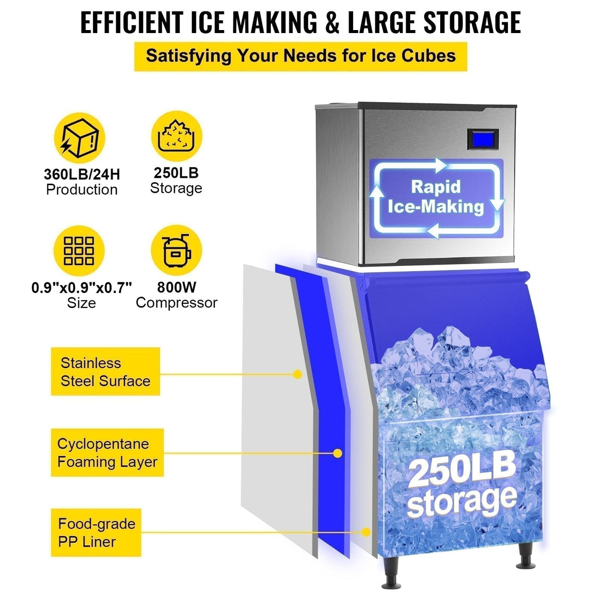 VEVOR 110V Commercial Ice Maker 360lbs/24H, Industrial Modular Stainless Steel Ice Machine