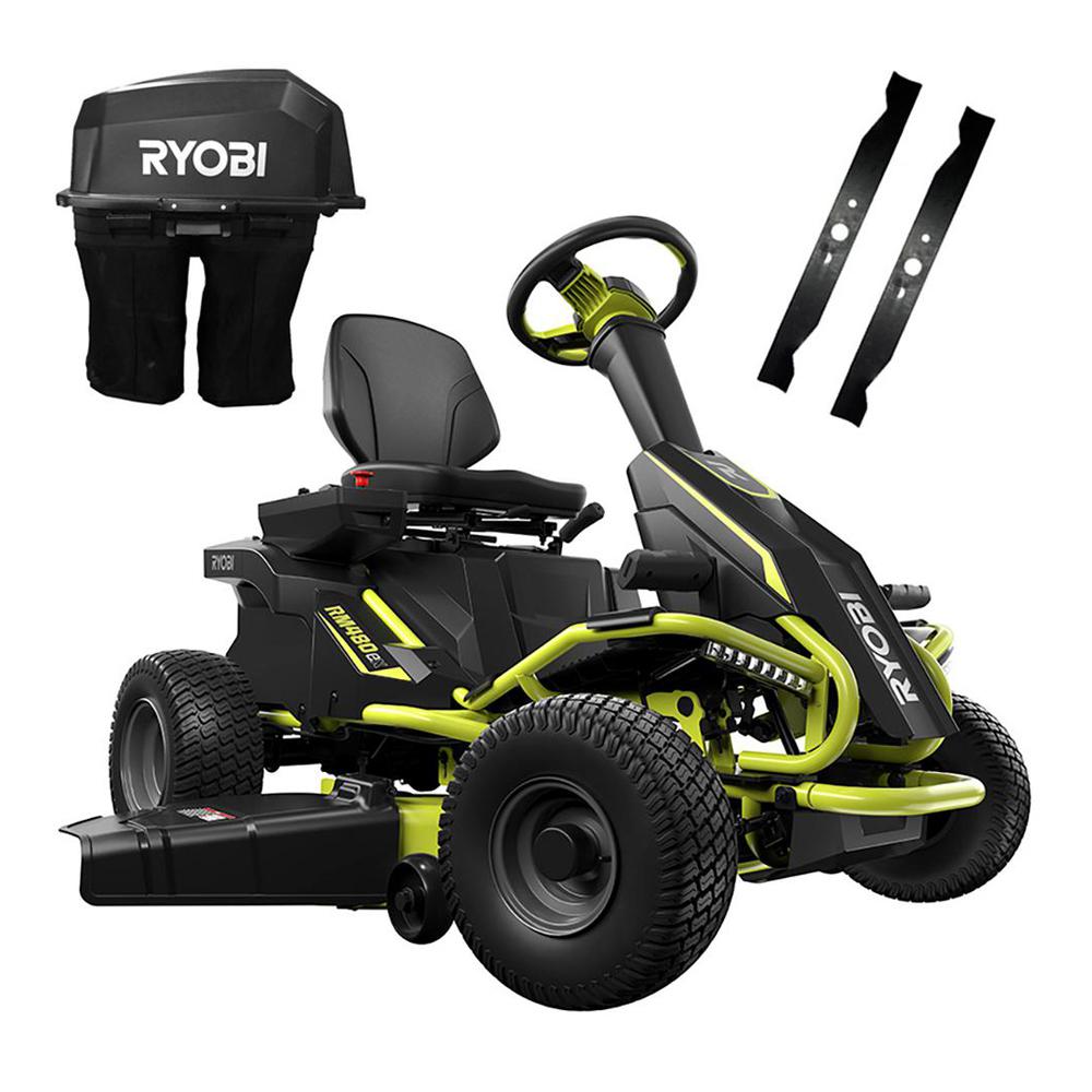 RYOBI 38 in. 100Ah Battery Electric Rear Engine Riding Lawn Mower and Bagging Kit