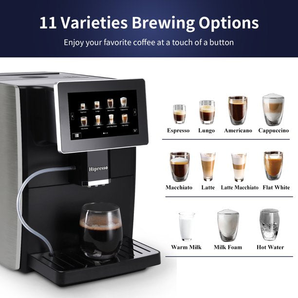 Hipresso Programmable Super automatic Espresso Coffee Machine with Large 7 inches HD TFT Display for Brewing