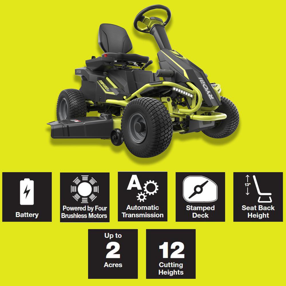 RYOBI 38 in. 100Ah Battery Electric Rear Engine Riding Lawn Mower and Bagging Kit