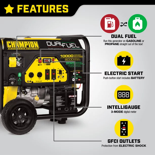 Champion Power Equipment 10,000/8,000 Watt Dual Fuel Portable Generator with Electric Start