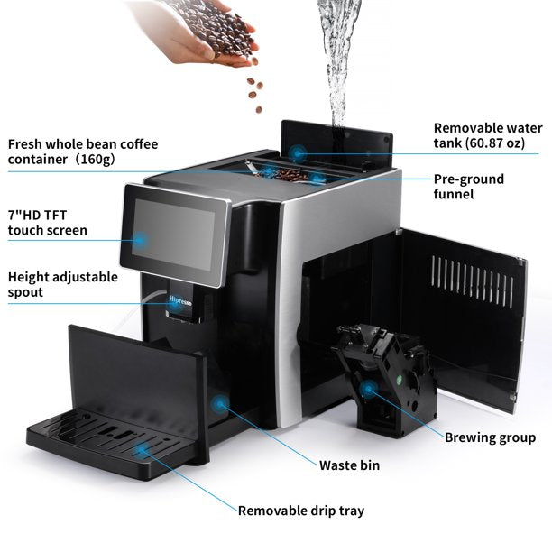 Hipresso Programmable Super automatic Espresso Coffee Machine with Large 7 inches HD TFT Display for Brewing