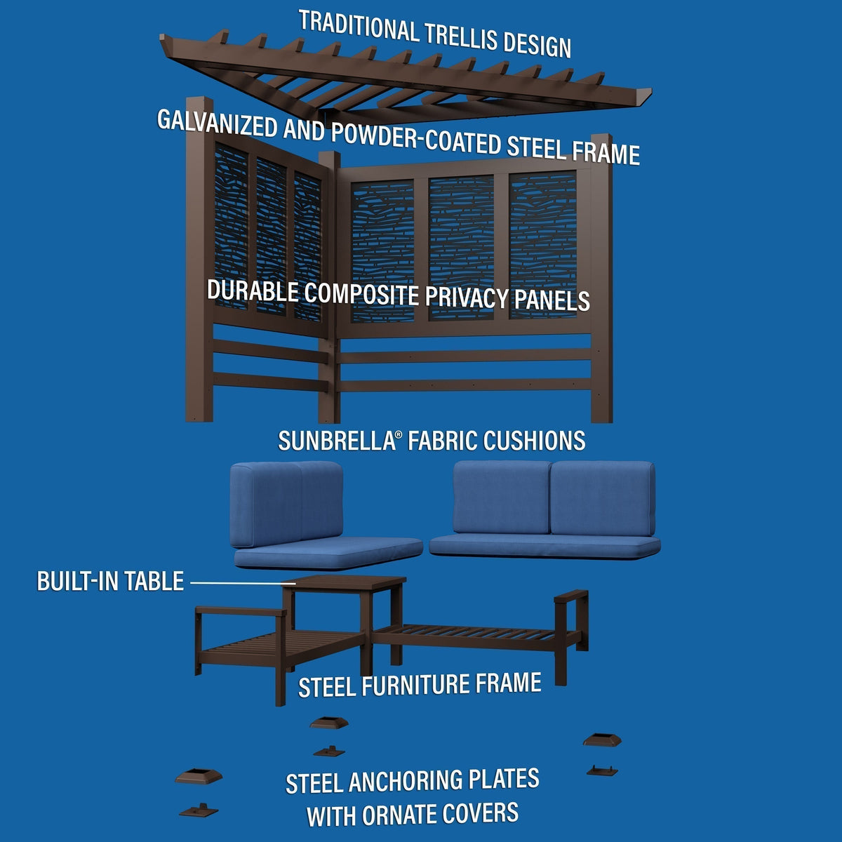 Hillsdale Traditional Steel Cabana Pergola with Conversational Seating
