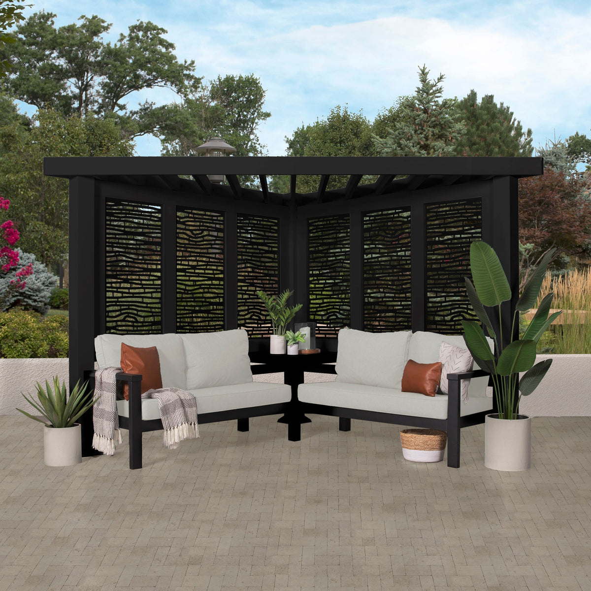 Glendale Modern Steel Cabana Pergola with Conversational Seating