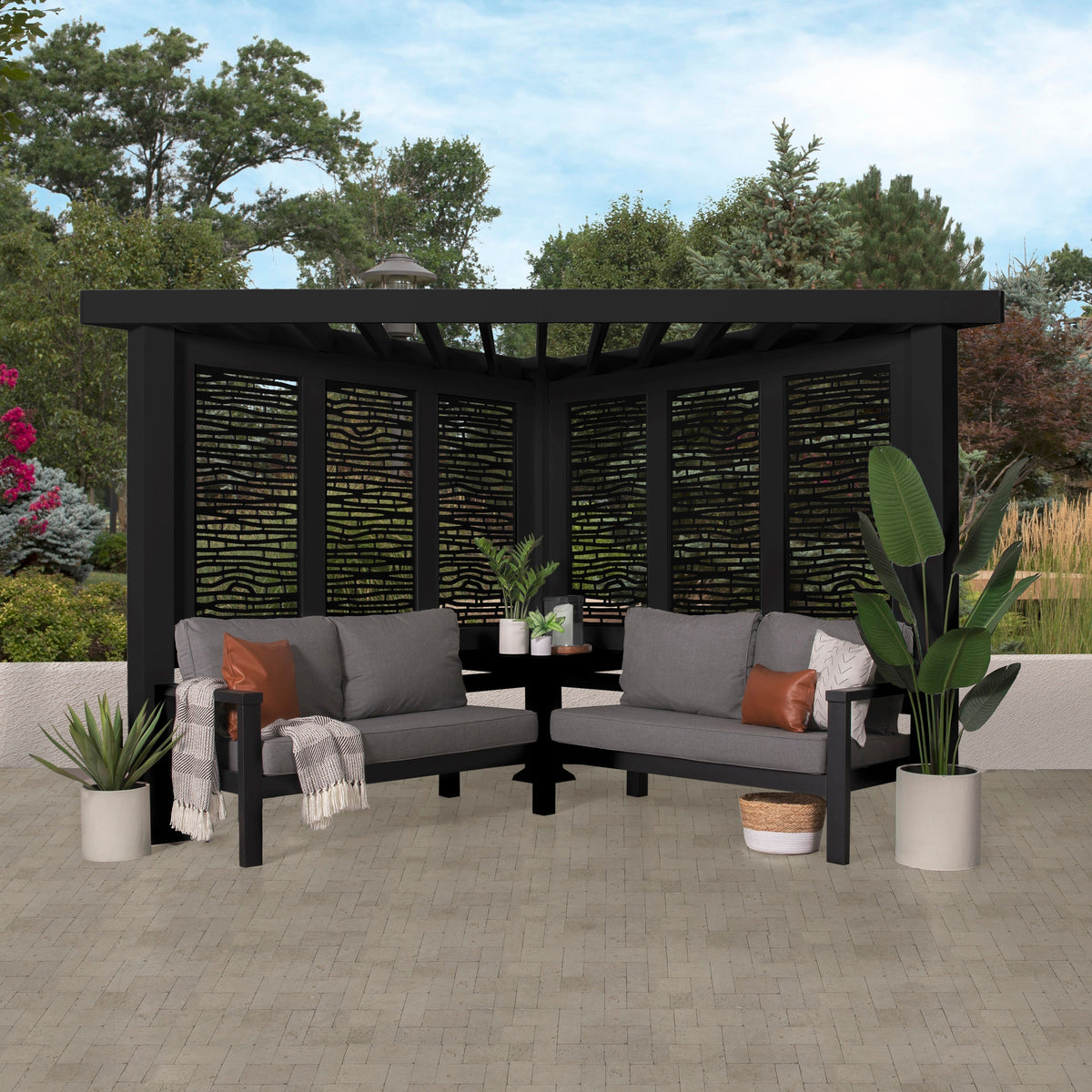 Glendale Modern Steel Cabana Pergola with Conversational Seating