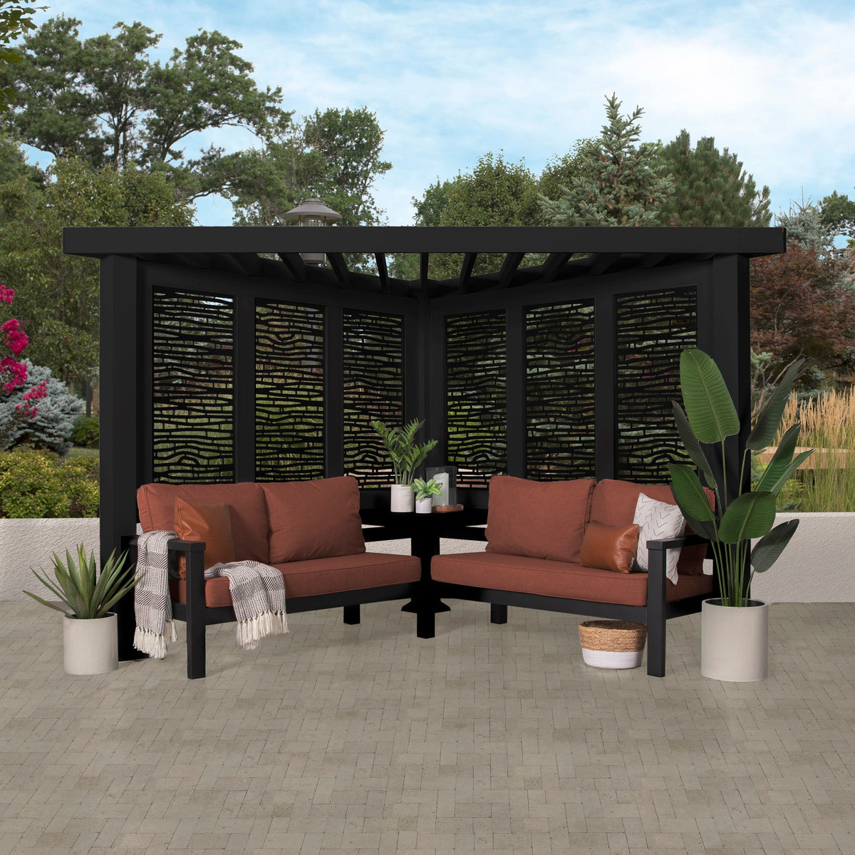 Glendale Modern Steel Cabana Pergola with Conversational Seating