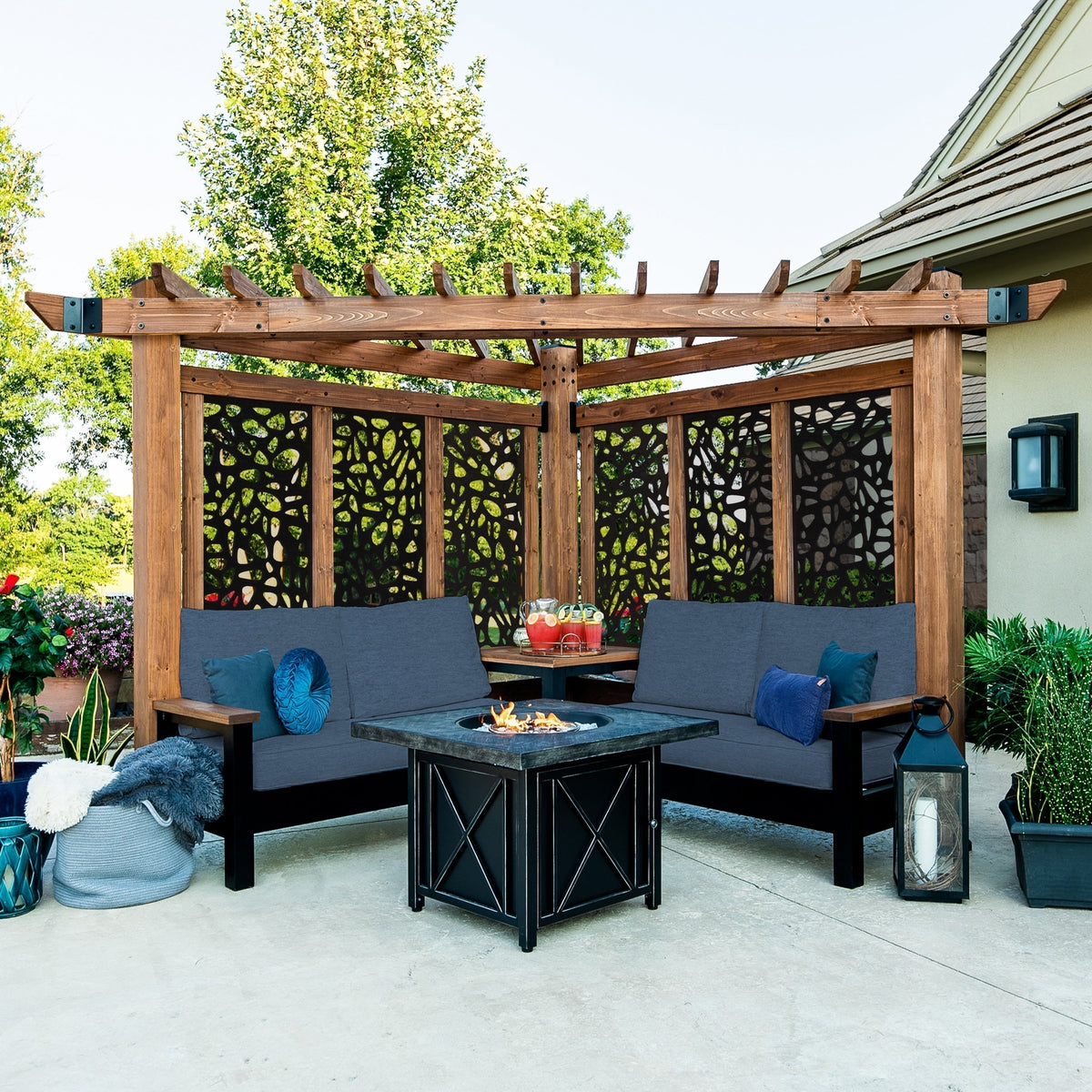 Tuscany Cabana Pergola with Conversational Seating-Pebble Panels
