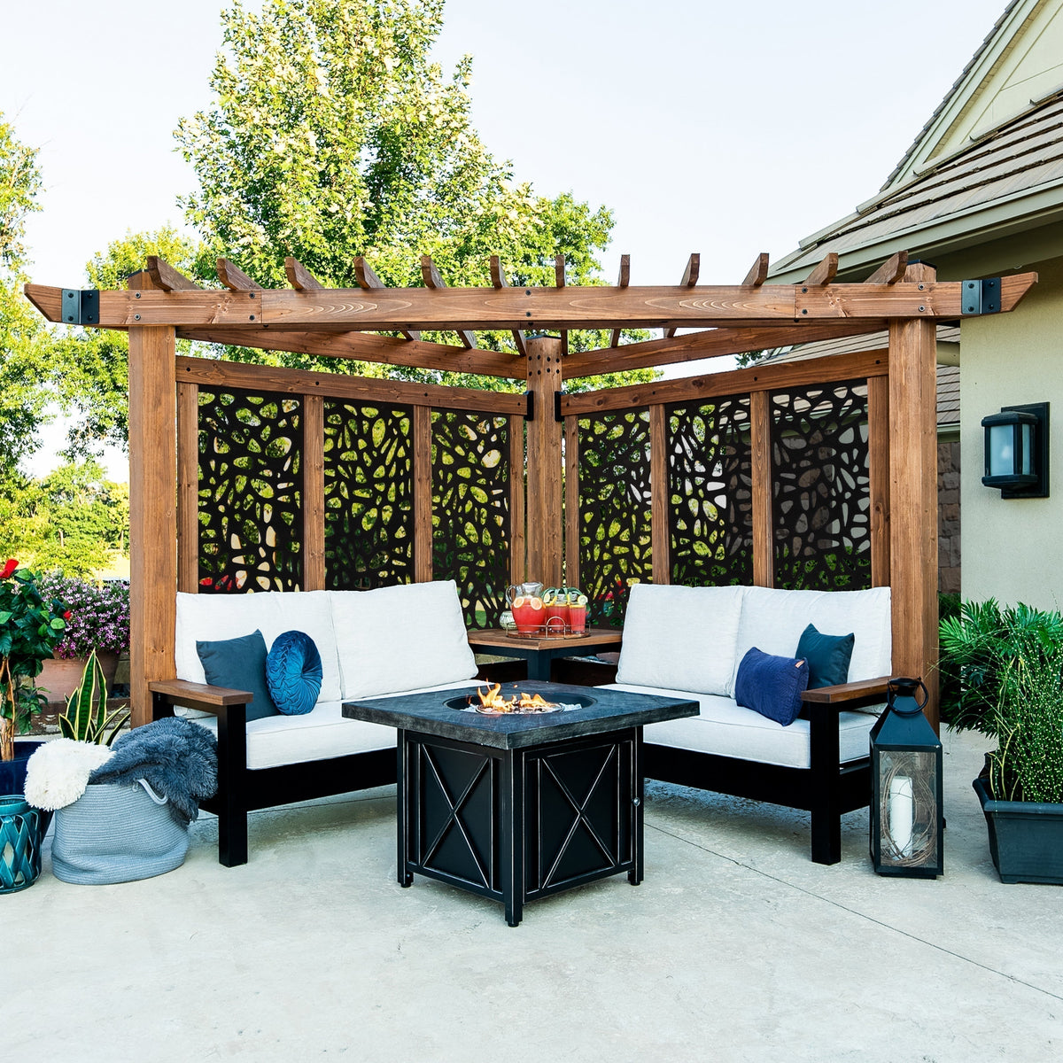 Tuscany Cabana Pergola with Conversational Seating-Pebble Panels