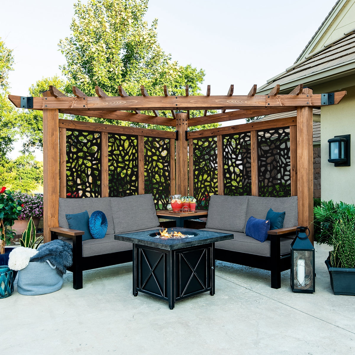 Tuscany Cabana Pergola with Conversational Seating-Pebble Panels