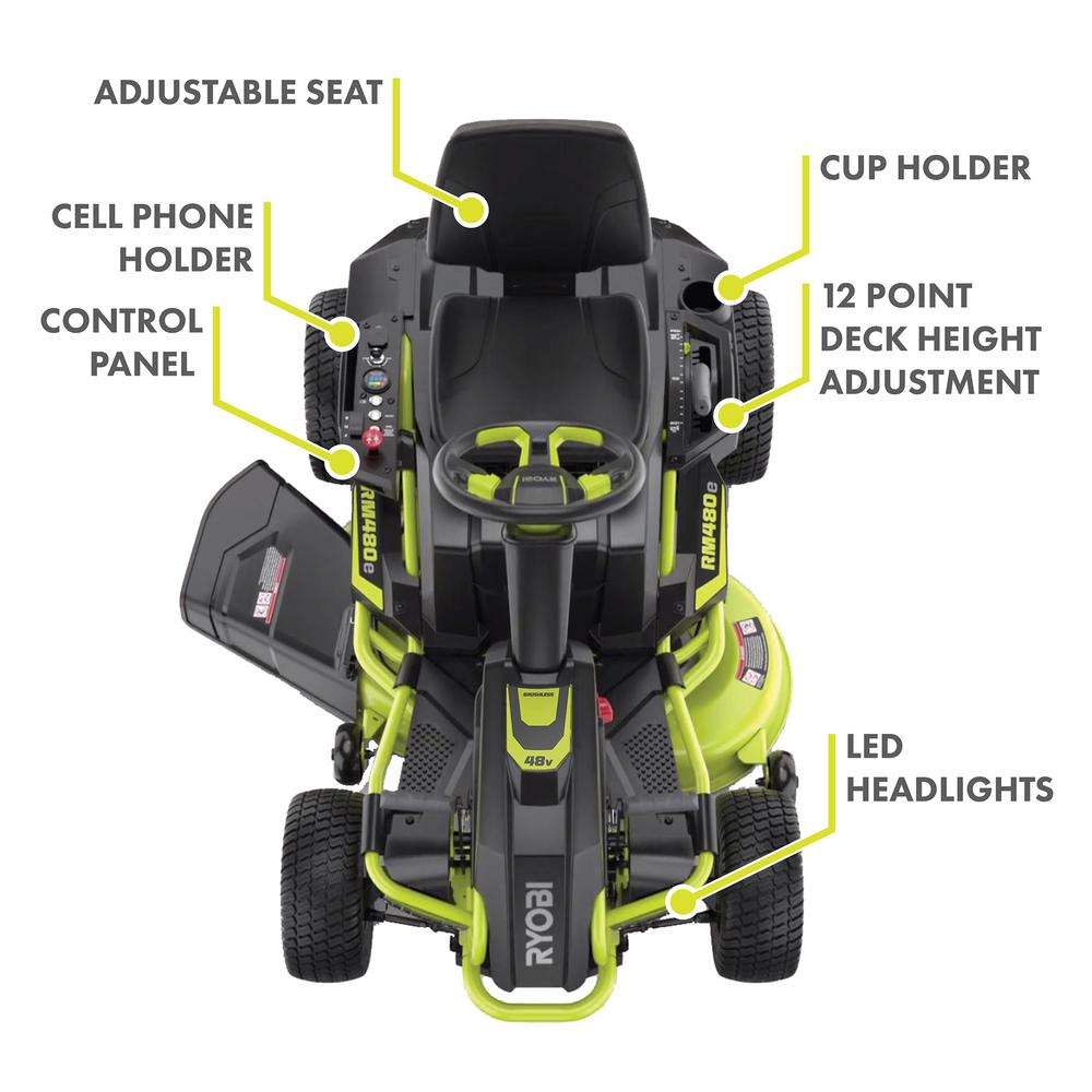 RYOBI 38 in. 100Ah Battery Electric Rear Engine Riding Lawn Mower and Bagging Kit
